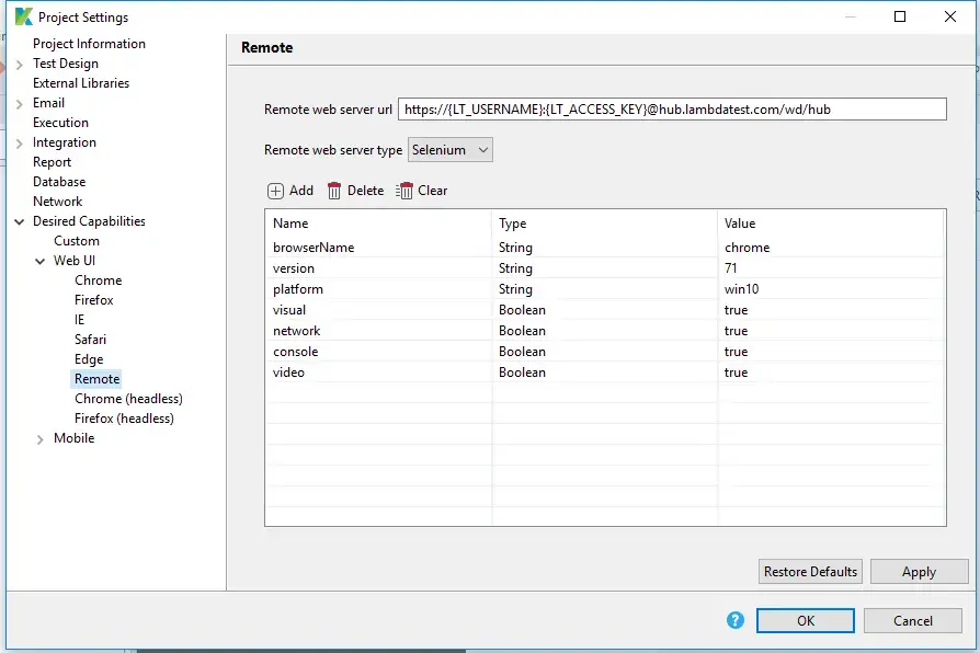 LambdaTest settings